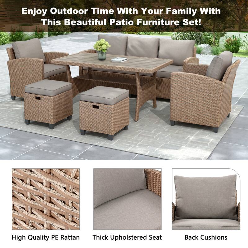 Outdoor 6-Piece Rattan Sectional Sofa Set with Dining Table, Chair & Stools