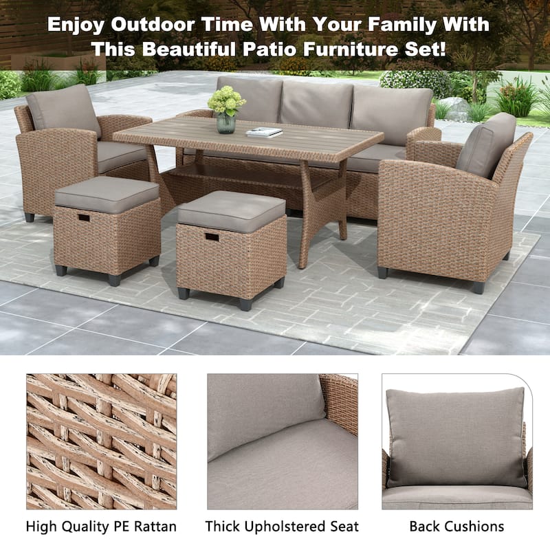 Roomfitters 6-Piece Outdoor Rattan Wicker Patio Garden Set with Sofa, Chair, Stools and Table