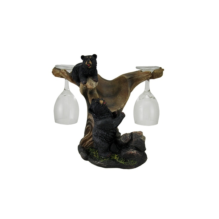 Oh Honey Black Bears In A Tree Rustic Wine Bottle Holder With Glasses - 9 X 9.75 X 4.5 inches