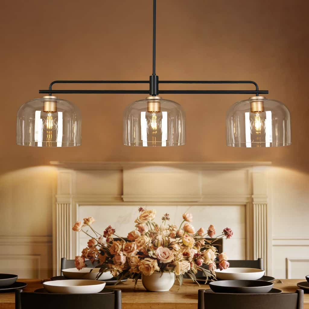 Modern Black 43" Oversized 3-Light Chandelier with Bowl-Shape Shade Kitchen Island for Dining Room - 43.3 " × 10.2 " × 11 "