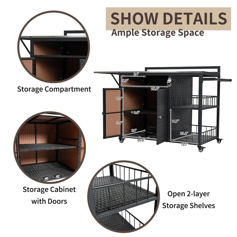 Outdoor Kitchen Cart w/ Foldable Steel Top, Lockable Wheels, PE Rattan