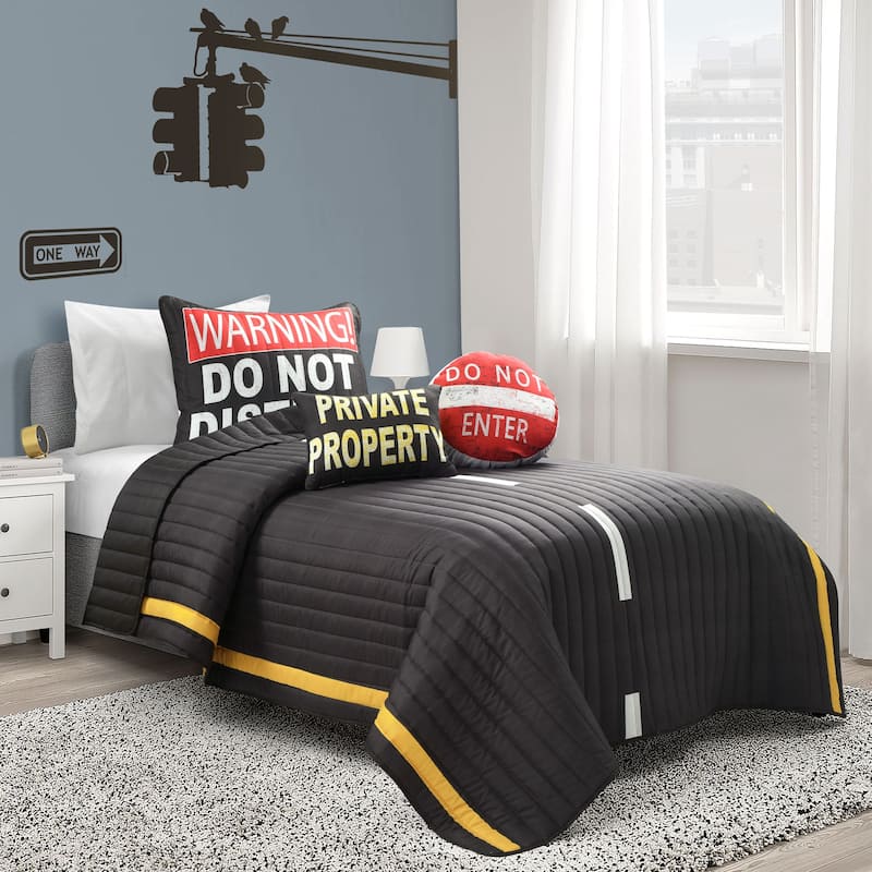 Lush Decor Highway Reversible Quilt Set - Charcoal & Yellow - Full - Queen