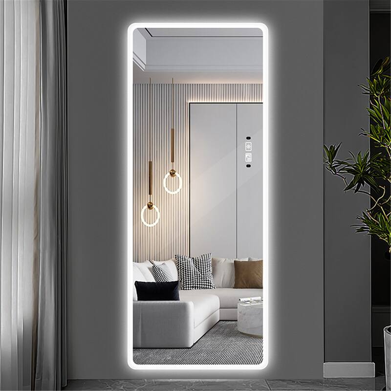 65'' x 22'' Rectangle Silver Rounded Corners Frameless Full Length Mirror with Dimmable LED Light