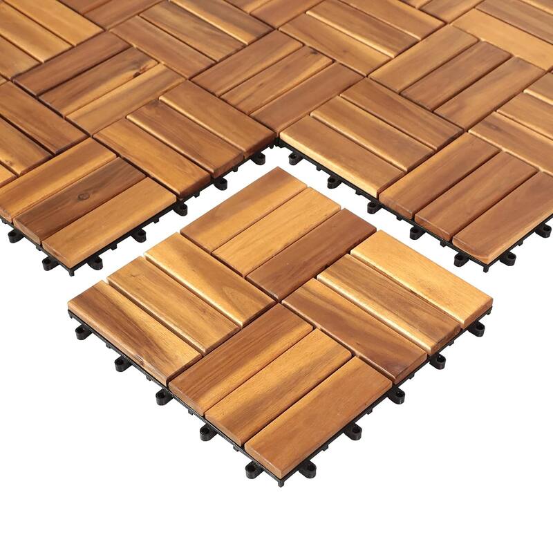 Deck Tiles Interlocking 10 Pack Solid Wood Outdoor Flooring Waterproof 12"X12" for Patio Porch Garden Balcony Poolside - N/A - Brown