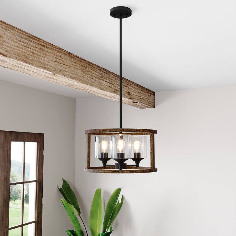 Acroma - 3 Light Steel & Glass Dimmable Drum Chandelier - Weathered Walnut