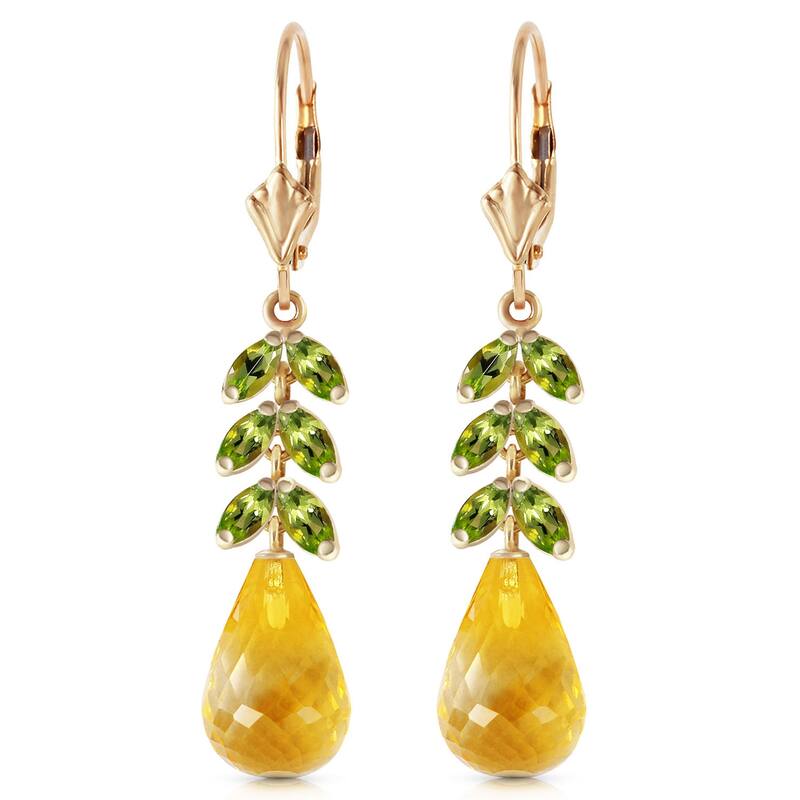 14K Solid Gold Leverback Gemstone Earrings w/ Peridot & Citrines
