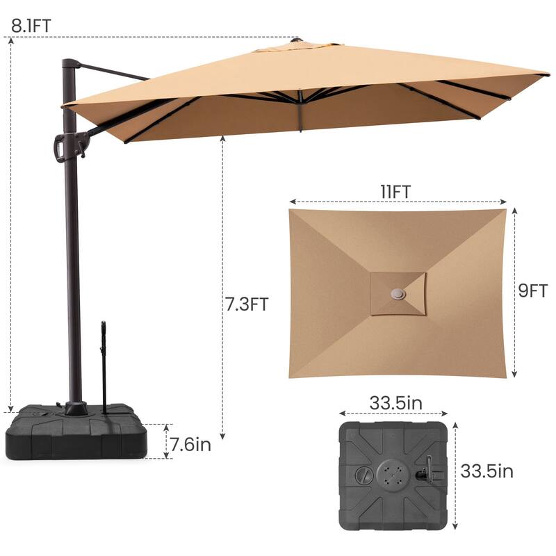 11 x 9 FT Outdoor Aluminum Cantilever Offset Umbrella with Base Stand