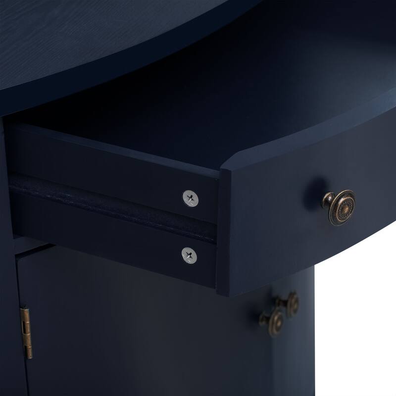 4 Doors Solid Wood Curved Storage Cabinet with Adjustable Shelves and Drawer, Sideboard with Distressed Button Door Handle