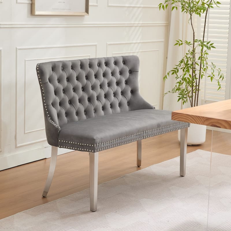 Velvet Double Dining Loveseat Bench, 2-Seat Tufted Bench w/Handmade Buttons, Wing Back, Gold-Plated Steel Legs, Single Pack