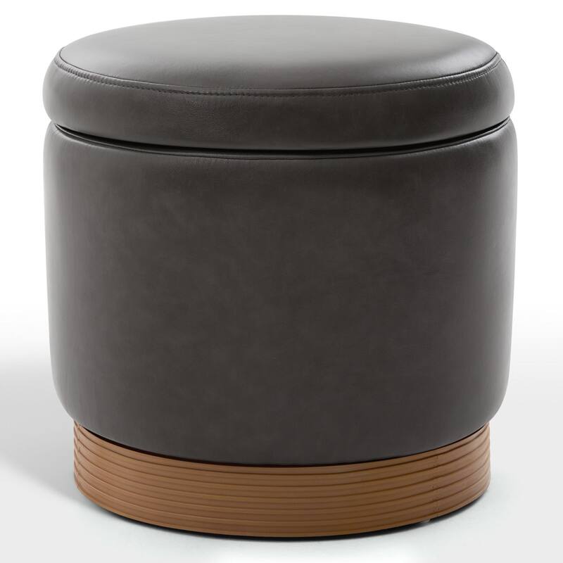Round Swivel Storage Ottoman Footstool with Flip-top and Acacia Frame
