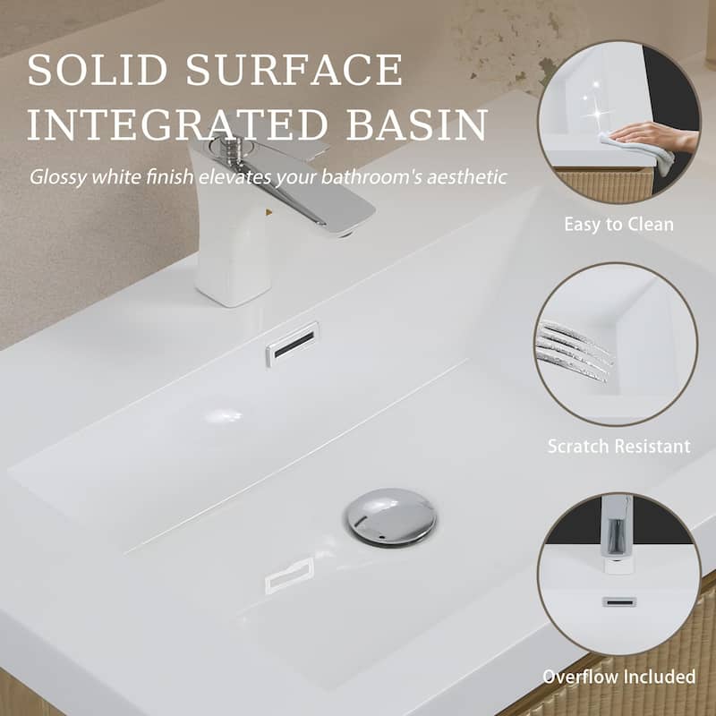 24"/30"/36"/42" Floating Bathroom Vanity Combo with Solid Surface Basin, Natural Oak Storage Cabinet, Modern Design