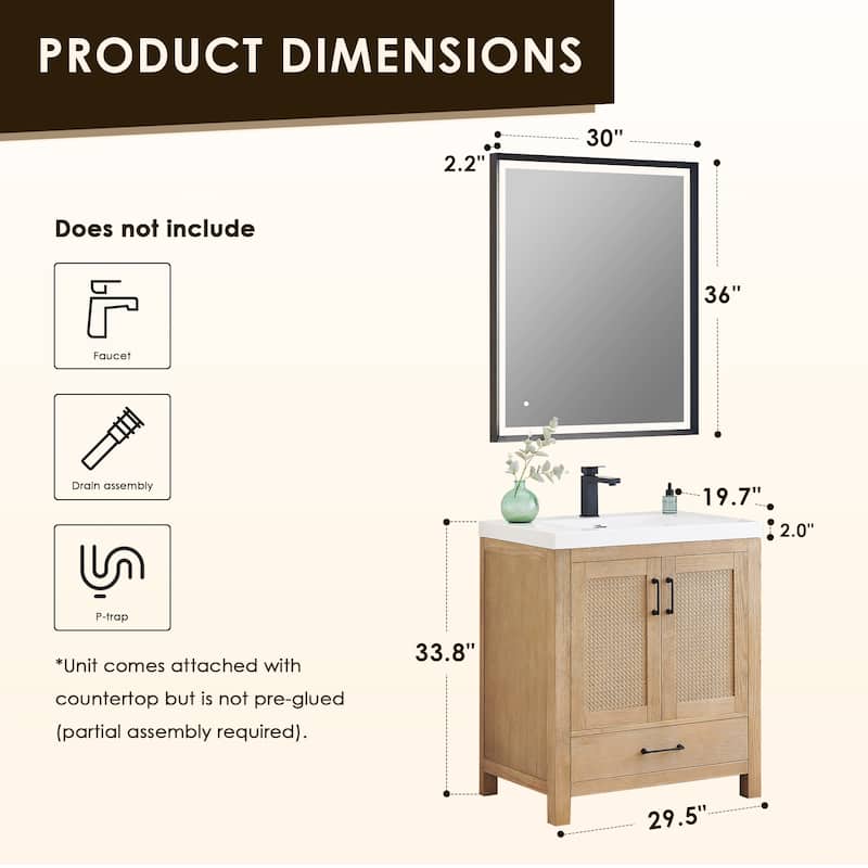 Bondi Bathroom Vanity in Light Brown with White Ceramic Drop-in Sink with Mirror