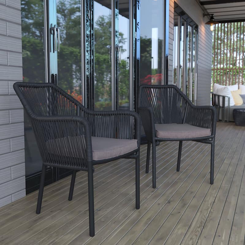 Woven Indoor/Outdoor Stacking Club Chairs - Cushions-Set of 2 - 22"W x 27"D x 31.25"H - Black/Gray