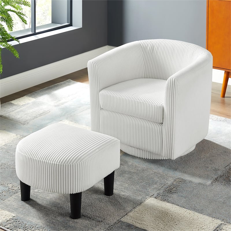 360°Swivel Corduroy Fabric Accent Chair with Ottoman (Set of 2) - White
