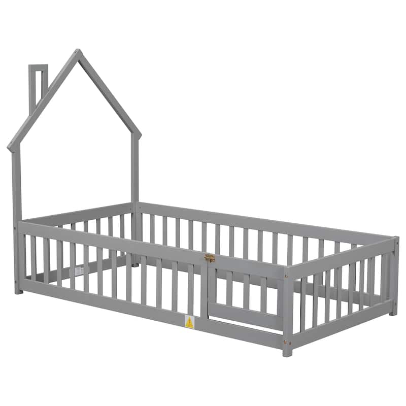 Twin House-Shaped Headboard Floor Bed with Fence