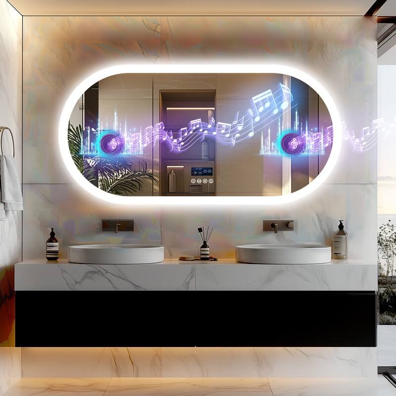 Oval LED Bathroom Mirror with Lights, Anti-Fog, Bluetooth Speaker, 3 Colors, Dimmable, Memory