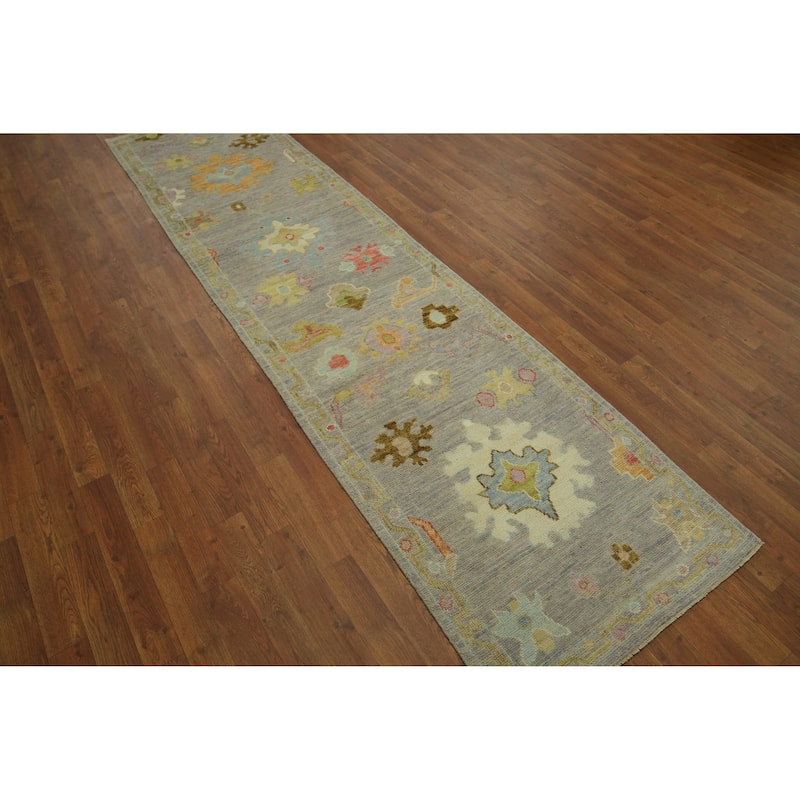 Vegetable Dye Gray Oushak Turkish Runner Rug, Floral Geometric Carpet - 9' 11'' X 2' 7''