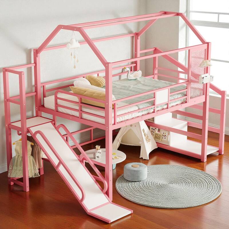 Twin/Full Metal House Loft Bed with Slide and Stairs, Kids Playhouse Bed with Roof, Storage Shelves & Guardrails