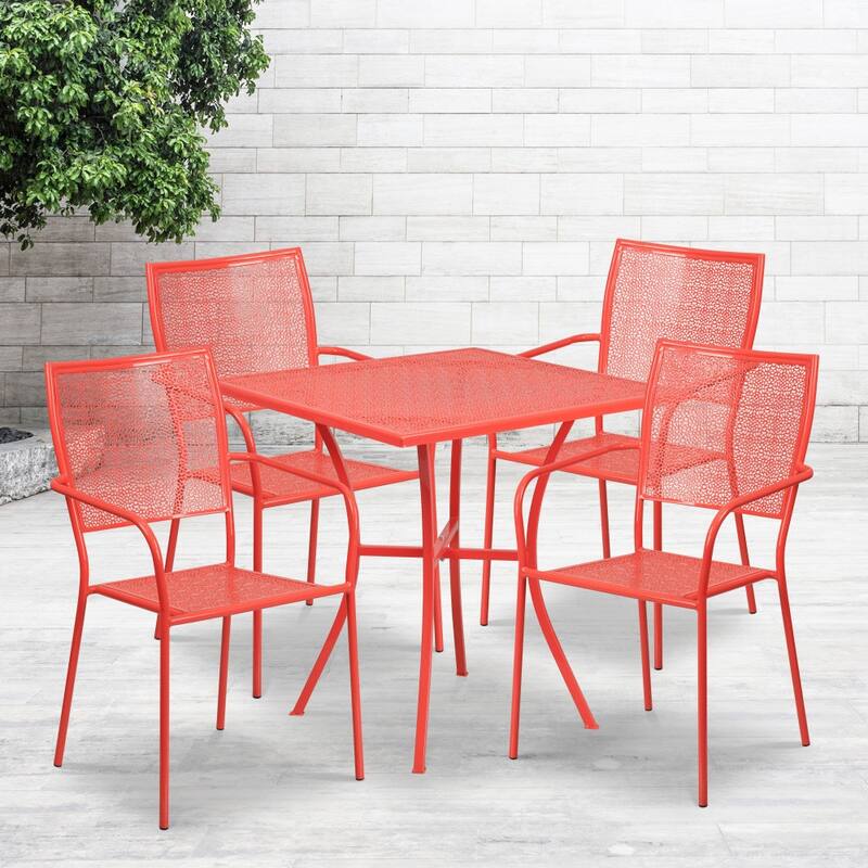 28'' Square Indoor-Outdoor Steel Patio Table Set with 4 Square Back Chairs