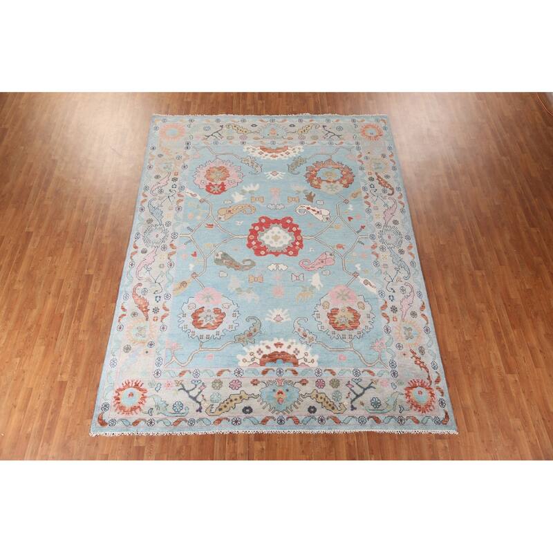 Light Blue Floral Oushak Area Rug Hand-Knotted Oriental Wool Carpet - 8'11"x 11'10"