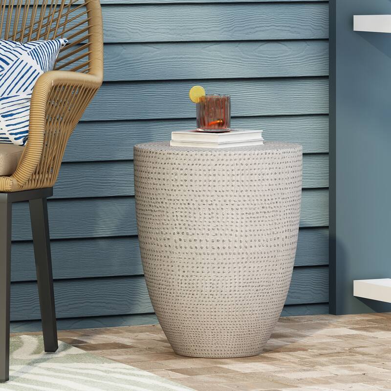 Roomfitters Outdoor Lightweight Concrete Side Table with Textured Drum Design, Patio Accent Table, Natural