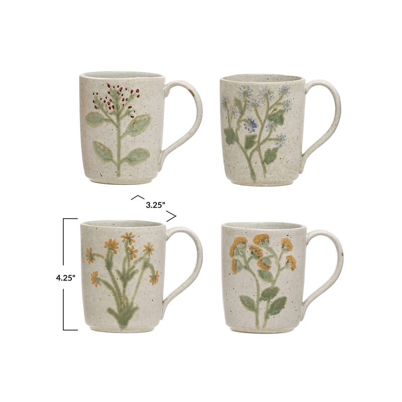 Stoneware Mug with Flower Design - 5.0"L x 3.4"W x 4.3"H