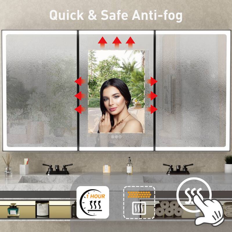 Grand Aluminum Medicine Cabinet with Mirror, Adjustable Shelves, Dimmable Light, Anti-Fog, Recessed or Wall Mount
