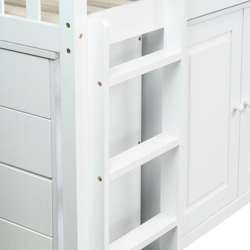 Twin Rubber Wood Loft Bed with Cabinet, Drawer, Shelf,Pulling-Out Desk