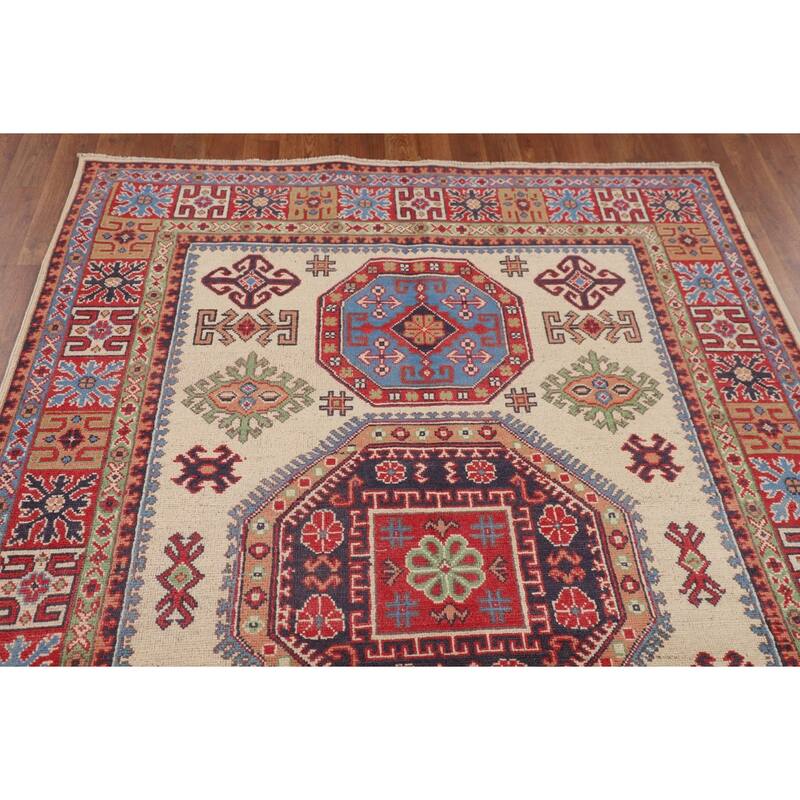 Traditional Beige Kazak Area Rug Handmade Oriental Wool Carpet - 4'11" x 6'7"