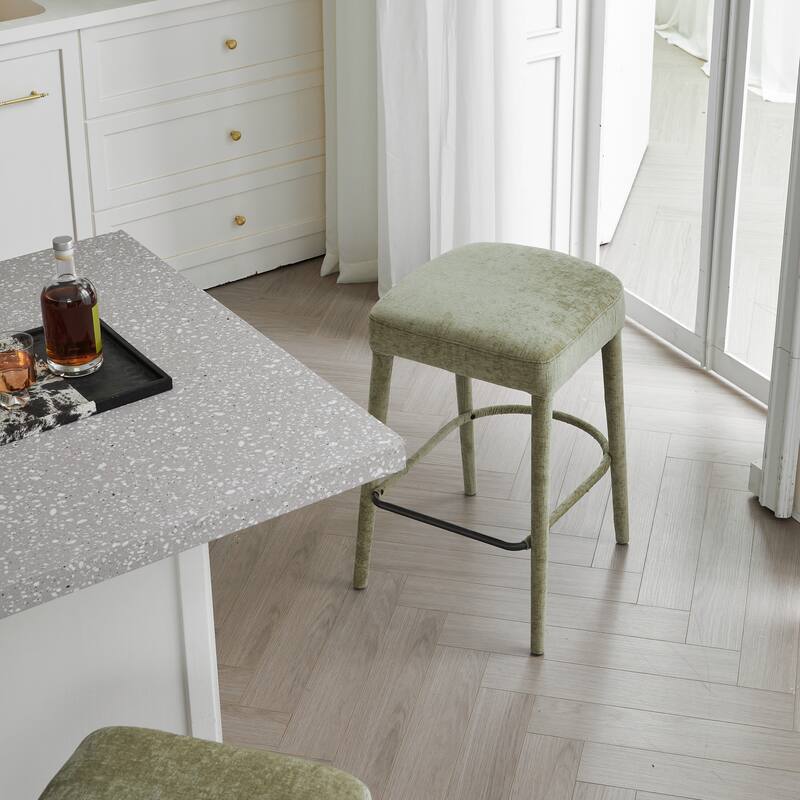 Set of 2 Light Green Fabric Backless Bar Stools, Padded Seat with Sturdy Legs & Footrest, Counter Height