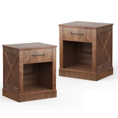 Gymax 2PCS Nightstand with Drawer and Shelf Rustic Wooden Bedside