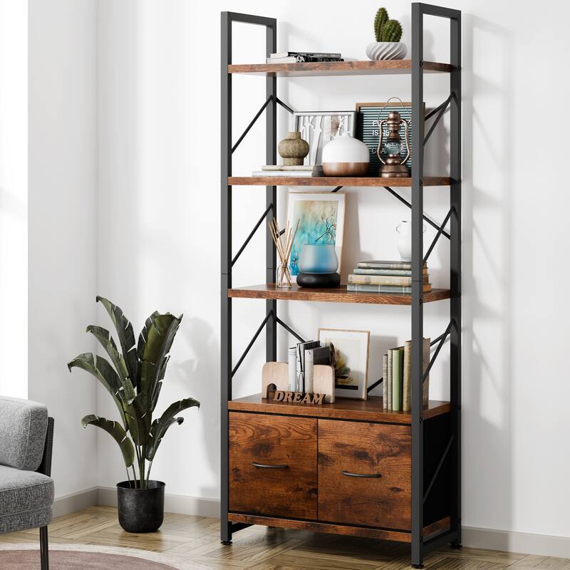 5-Tier Wood Storage Bookshelf with Anti-tipping & Drawers - Brown/2 Drawers