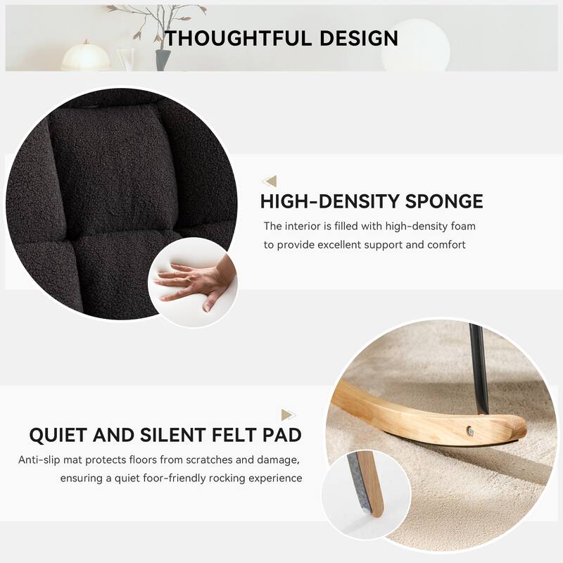 Comfortable Teddy Fabric Upholstered Rocking Chair with High Backrest and Pillows for Indoor Use
