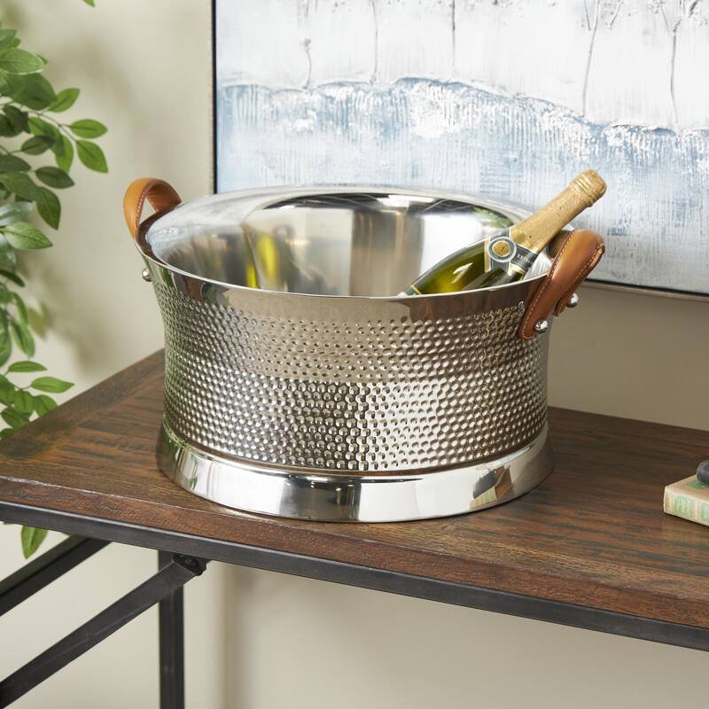 Silver Stainless Steel Metal Hammered Ice Bucket with Brown Leather Handles - 18"W x 21"L x 11"H