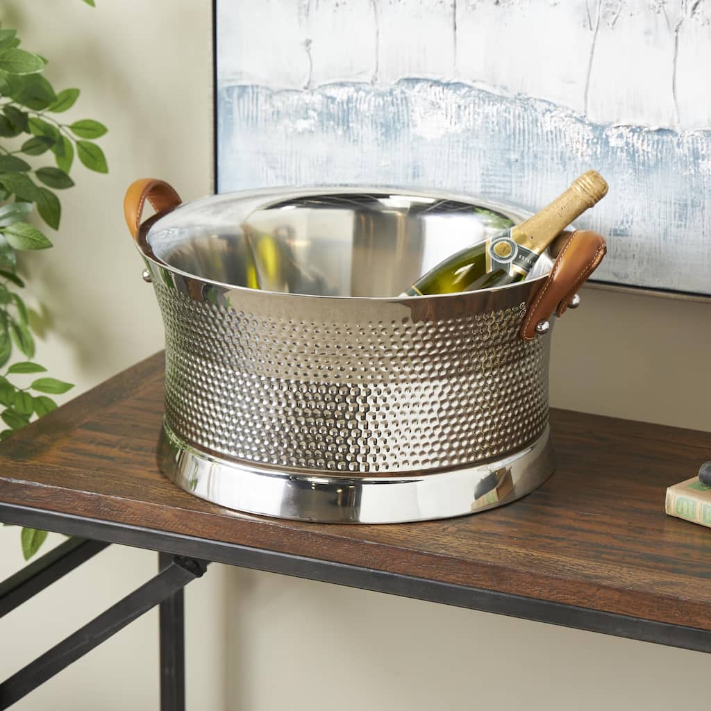 Silver Stainless Steel Metal Hammered Ice Bucket with Brown Leather Handles - 18"W x 21"L x 11"H