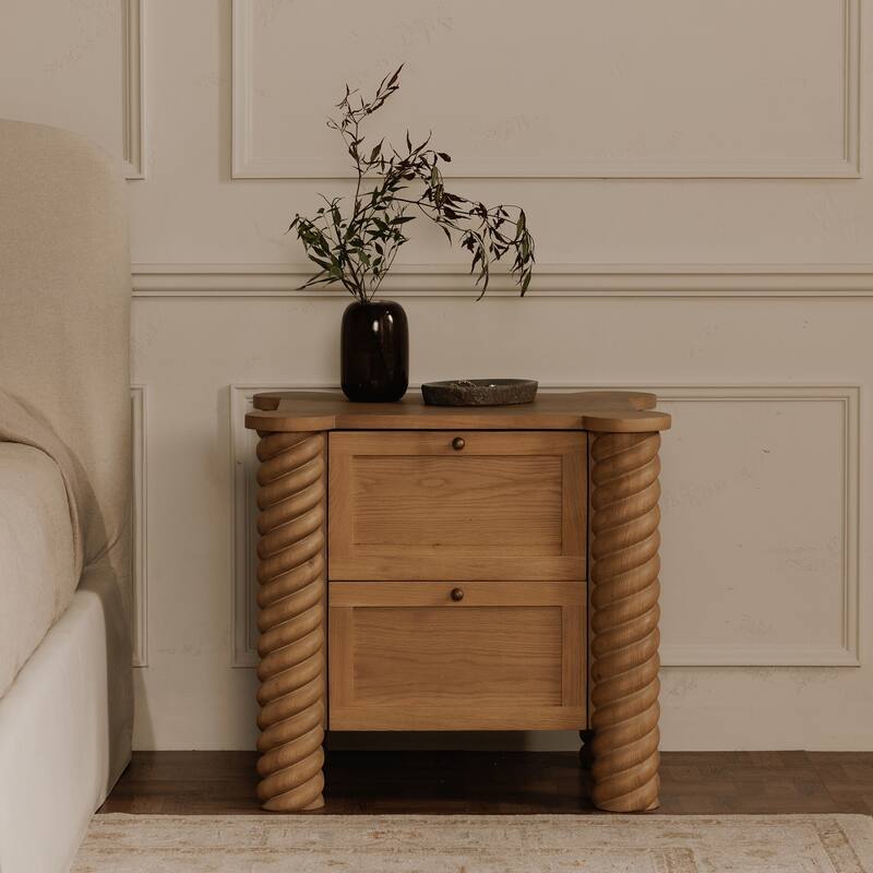 NADAAL STUDIOS Calvert Treccia Nightstand, Solid Oak with Oak Veneer Panels, 2 Drawers, Turned Legs, Natural Finish