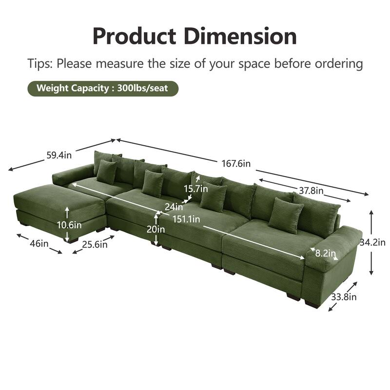 GDFStudio - Corduroy L-Shaped 4-Seater 167.6" Cloud Modular Sectional Couch with Ottoman