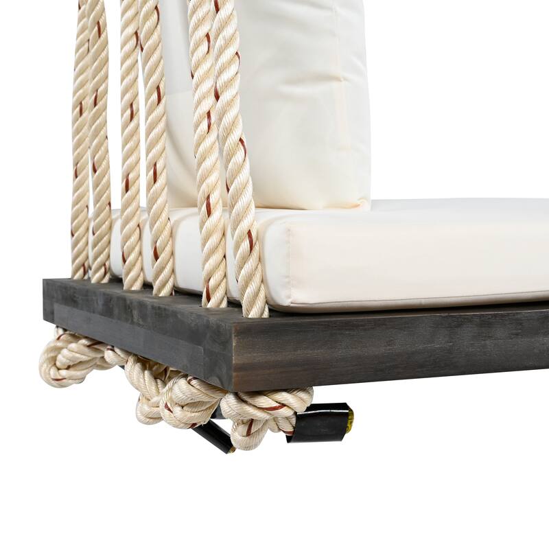 Outdoor Wood Hanging Chair with Cushions & Adjustable Assembly, 400 lbs Capacity, Swing Chair with Durable Hemp Ropes