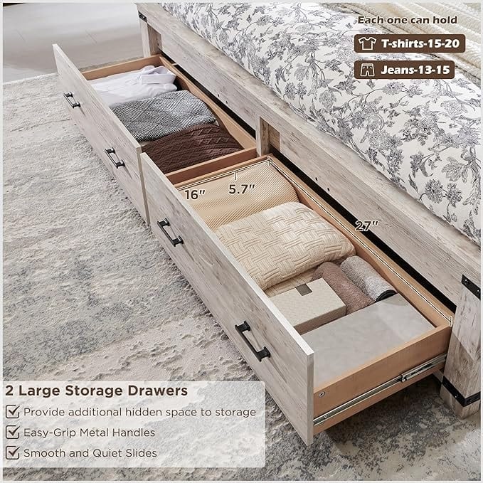 Farmhouse Queen Size Bed Frame w/ 54" Tall Headboard & 2 Large Drawers