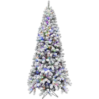 Fraser Hill Farm 6.5-Ft. Flocked Pine Christmas Tree, Multi LED