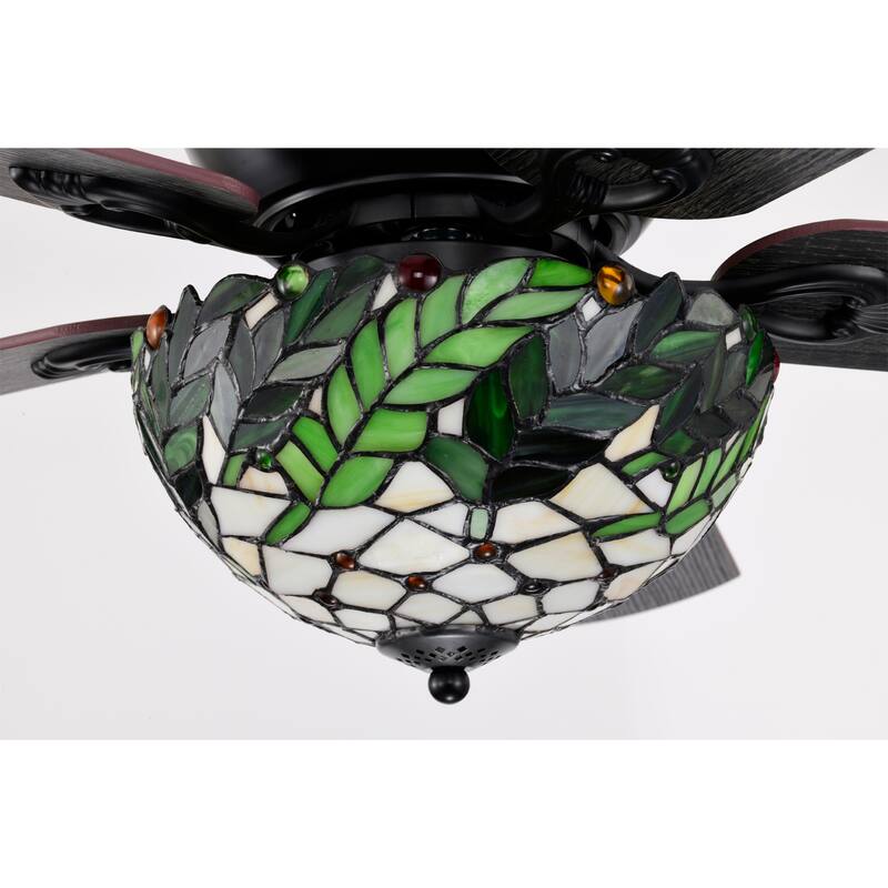 Kyemon 52-Inch Flushmount Lighted Ceiling Fan White Green Fronds Tiffany Glass Lamp Black Finish