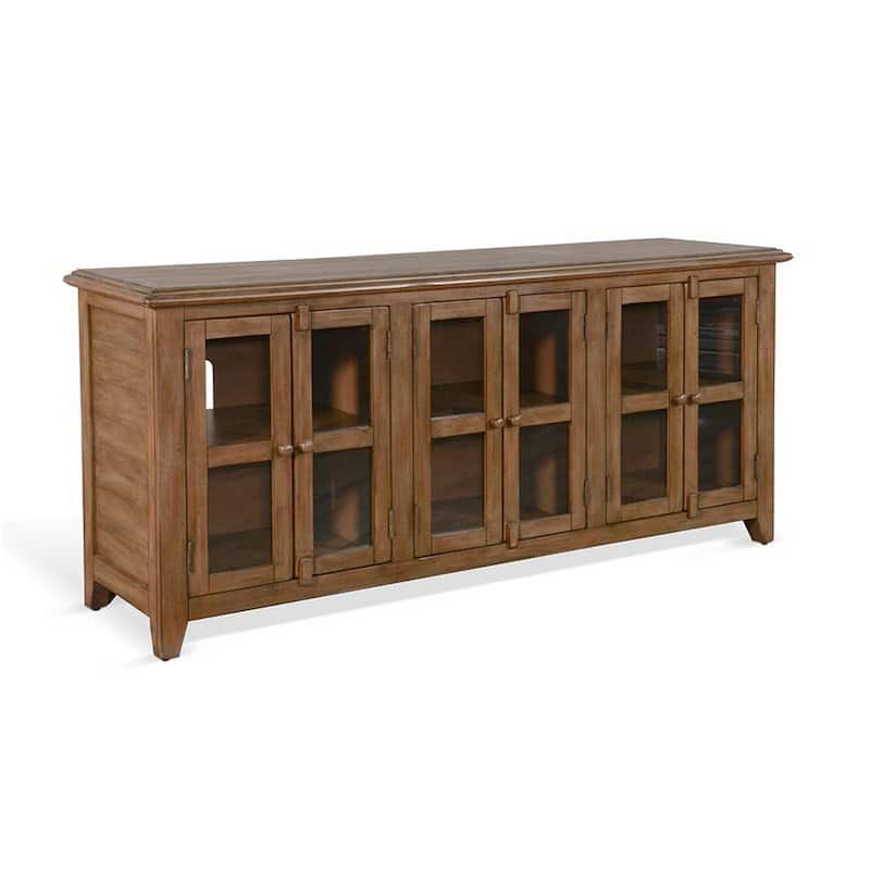 Yael TV Media Console, 6 Shelf, Glass Doors, 70 Inch Light Brown Wood