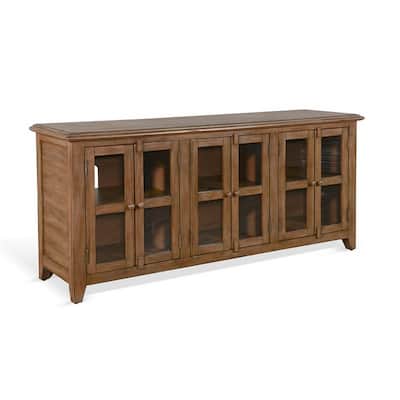 Yael TV Media Console, 6 Shelf, Glass Doors, 70 Inch Light Brown Wood
