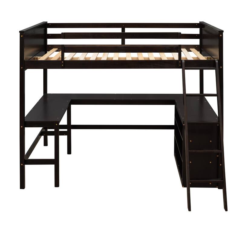 Space-Saving Full Size Loft Bed with Shelves and Desk in Espresso Finish