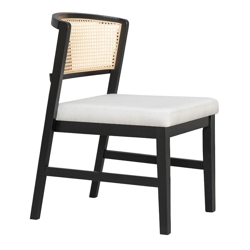 Rattan Dining Chairs Set of 2, Fabric Upholstered Kitchen Side Chair, Curved Rattan Back