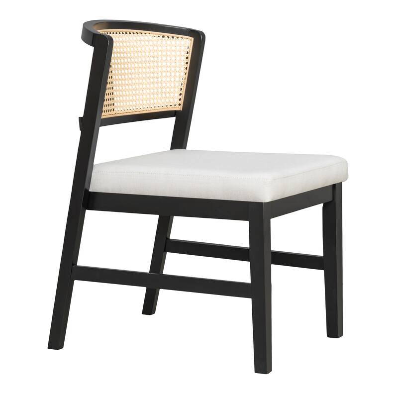 Set of 2 Rattan Dining Chairs - Fabric Upholstered Seat, Curved Rattan Back & Hardwood Frame, Armless