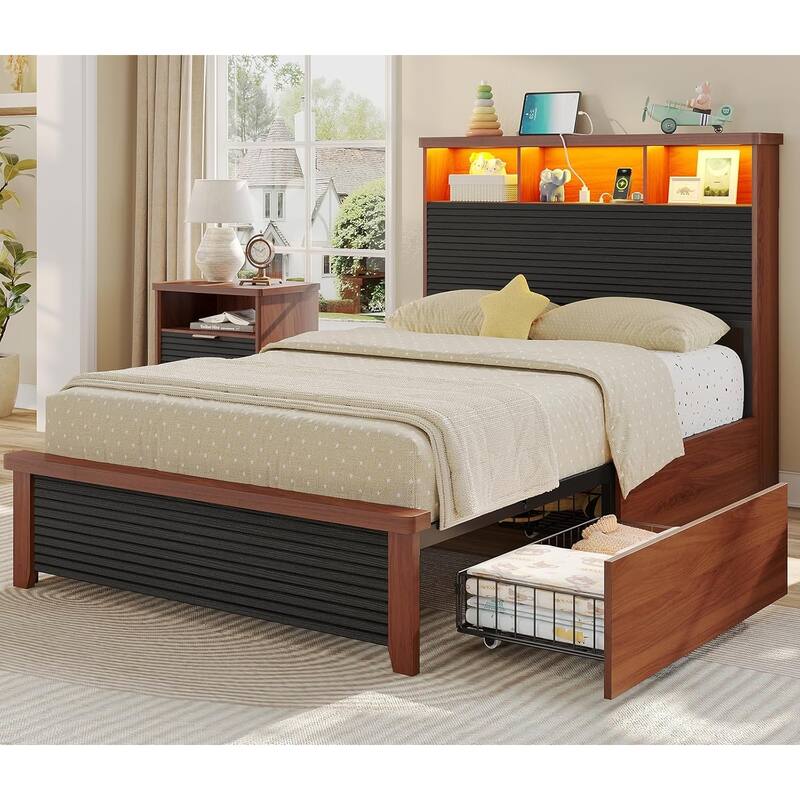 Bed Frames 4 Storage Drawers Storage Headboard Charging Station Metal Slats - Brown - Twin