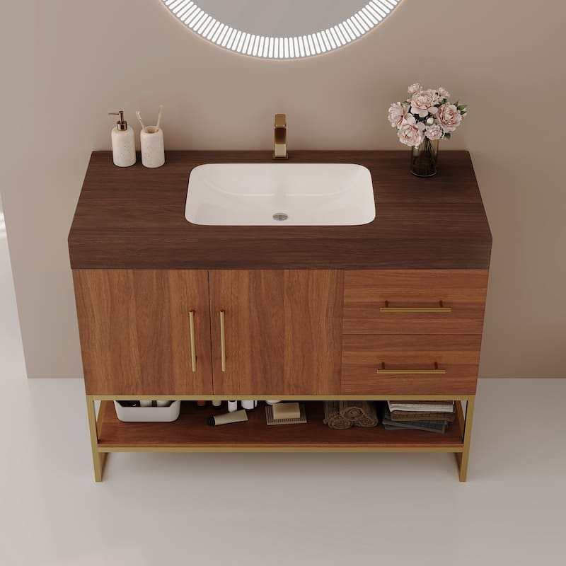 36" Modern Bathroom Vanity with Seamless Ceramic Sink & Gold Accent Free Standing Cabinet