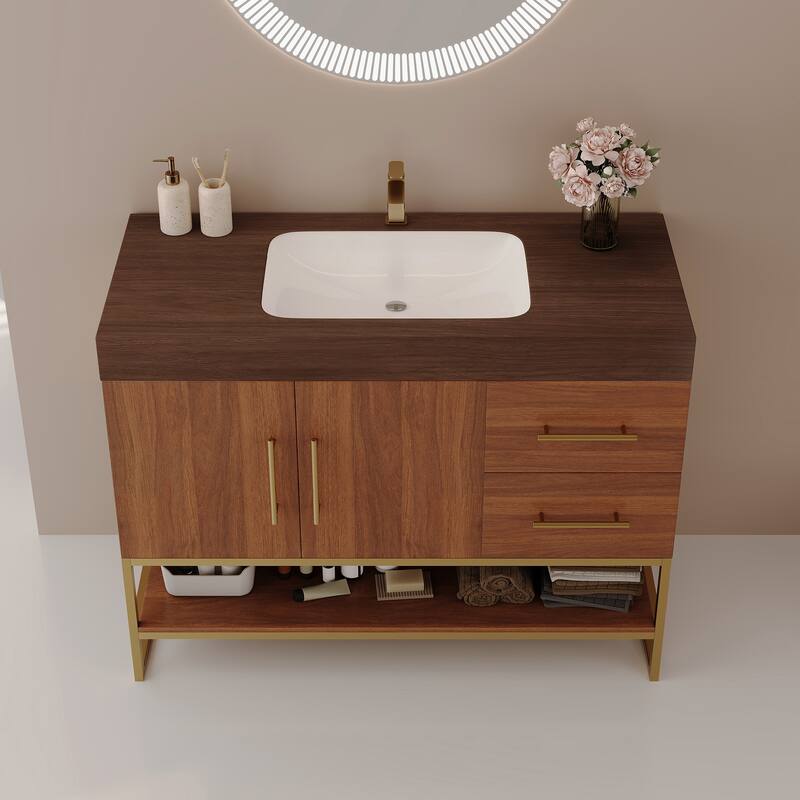 GDFStudio - Luxury 36" Freestanding Sintered Stone Bathroom Vanity with Seamless Ceramic Sink, Open Storage & Soft-Close Drawers