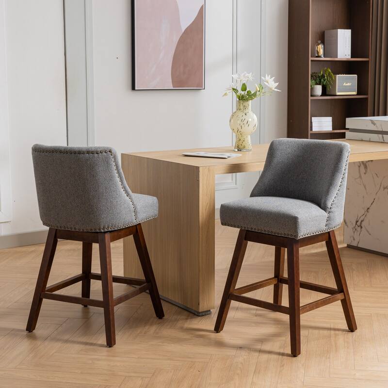 Gray Swivel Bar Stools Set of 2, Counter Height Chairs with Back & Solid Wood Legs, 26" Seat Height Thick Upholstered Barstools - Gray